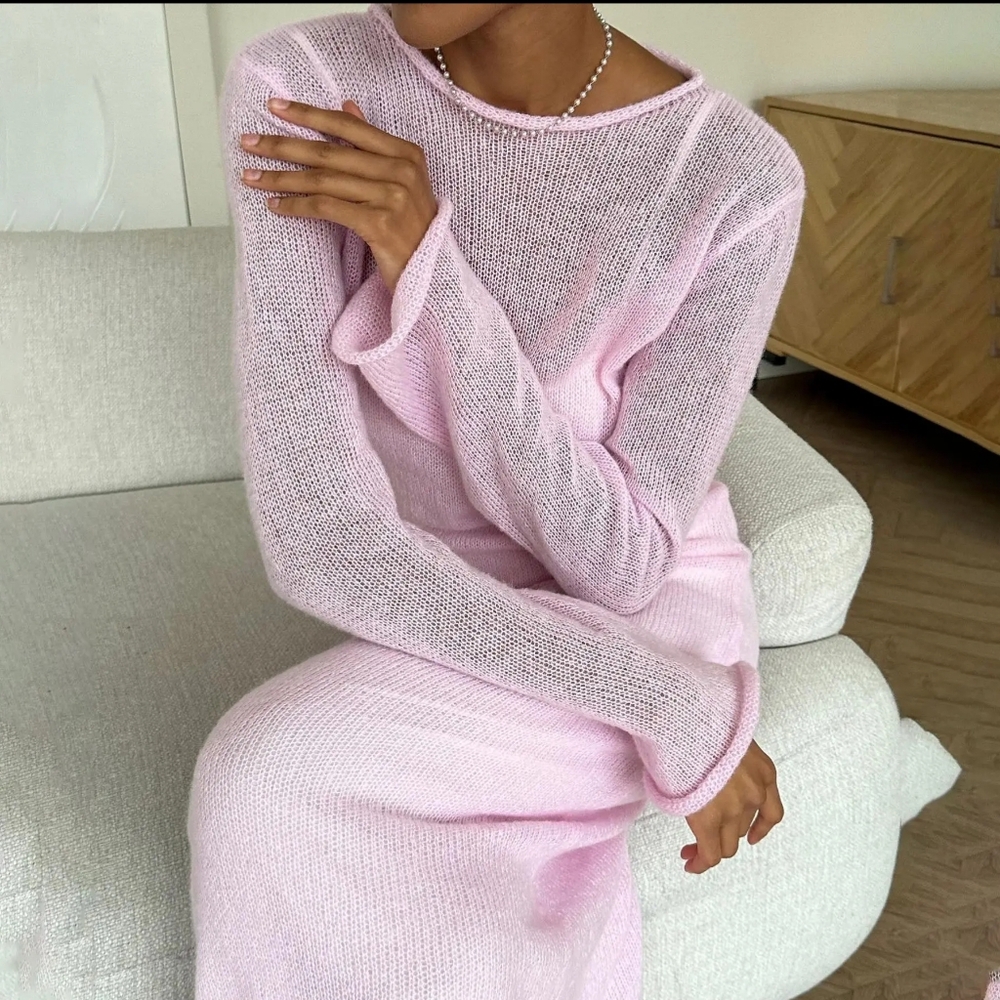 Pink Soft Long Flare Sleeve Knit Maxi Dress - Picture 1 of 6
